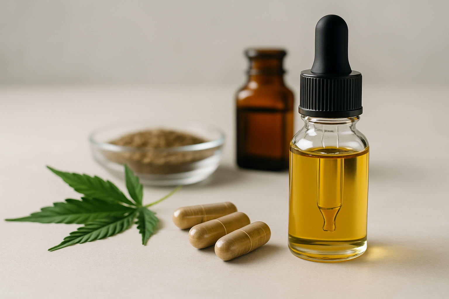Molekülstruktur von CBD (Cannabidiol) mit Hanfpflanze im Hintergrund