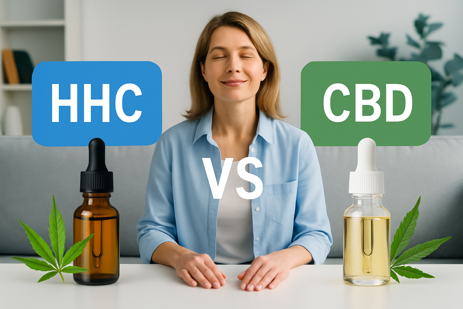 Vergleichsdarstellung von HHC und CBD Molekülstrukturen mit Wirkungsprofilen