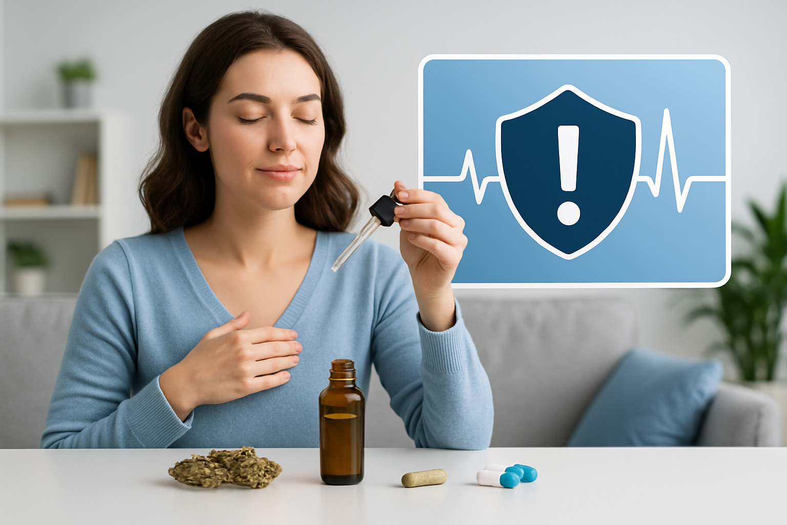 Wissenschaftliche Darstellung von Cannabinoid-Molekülen mit Warnsymbolen und medizinischen Icons