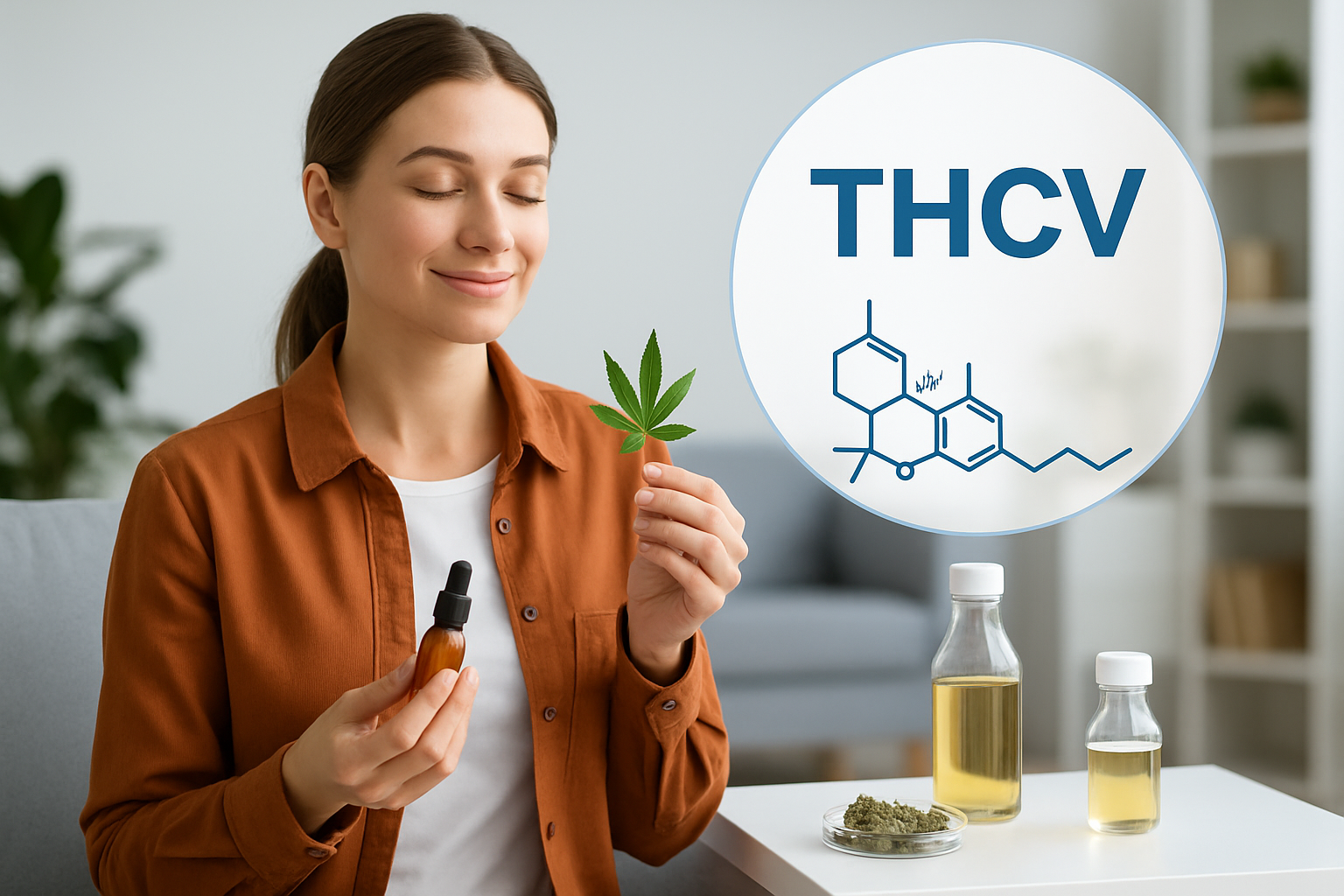 THCV Molekülstruktur und Cannabis-Pflanze – wissenschaftliche Darstellung des Cannabinoids Tetrahydrocannabivarin